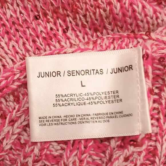 Y2K Vintage Lei Sweater Cowl Neck Jrs Sz L BARBIECORE PINK Sparkle Sequins Boho - Picture 16 of 16